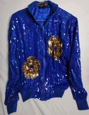 Thumbs Up Bomber Jacket Sequin Blue Gold 100% Rayon Size Small