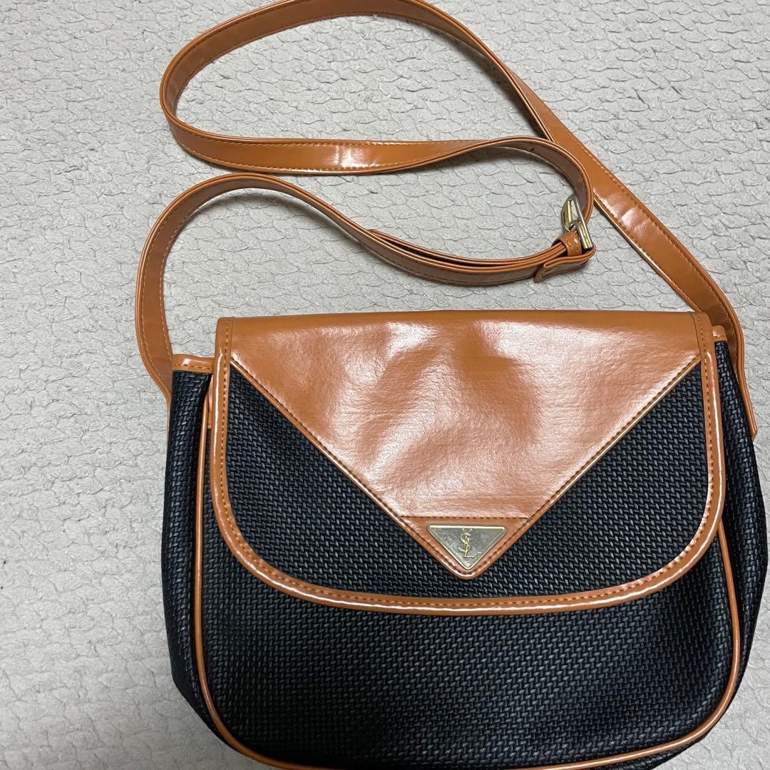 Yves Saint Laurent YSL Vintage Shoulder Bag Navy Brown Used Womens Japan