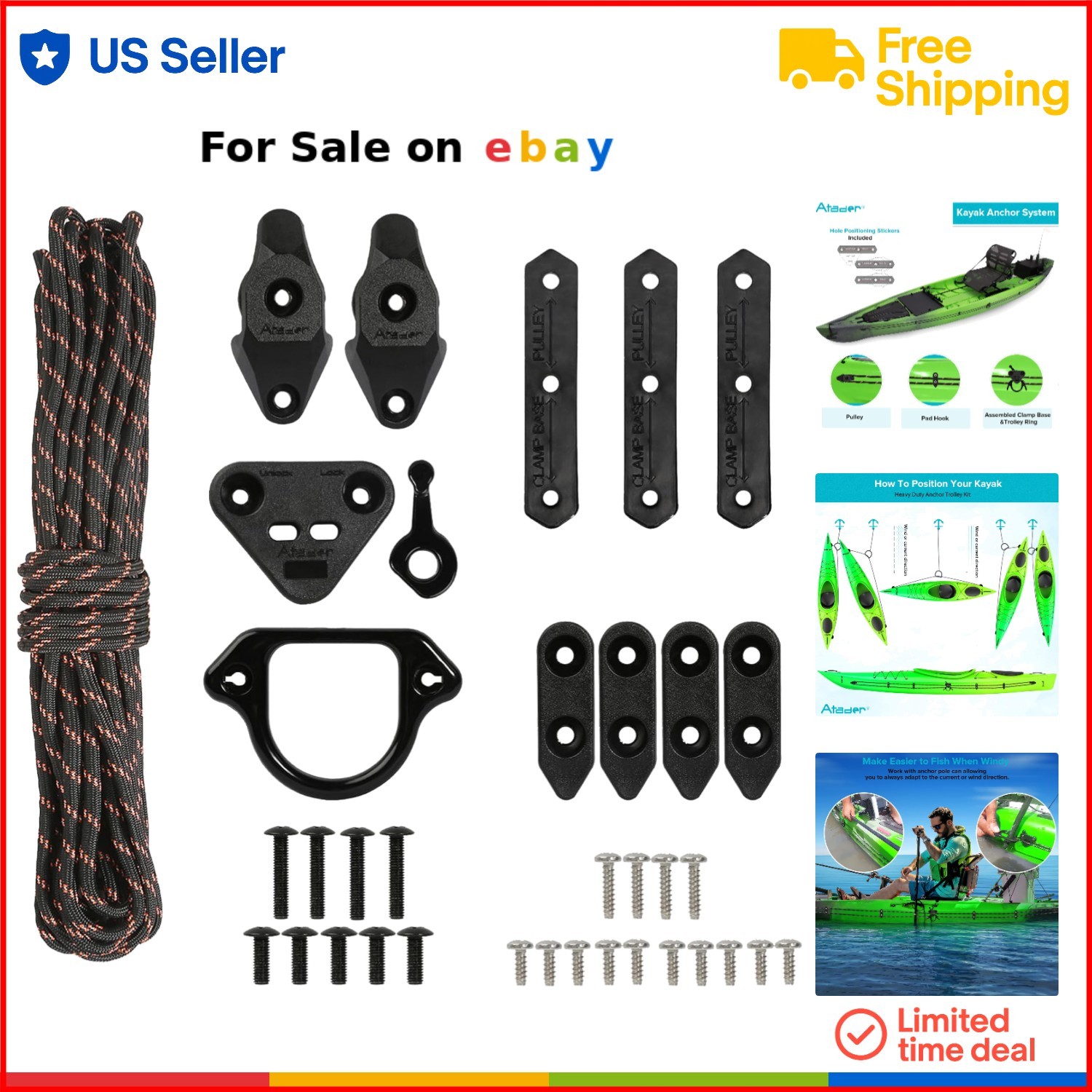 Kayak Anchor Trolley Kit Heavy Duty Black System for Fishing Winds