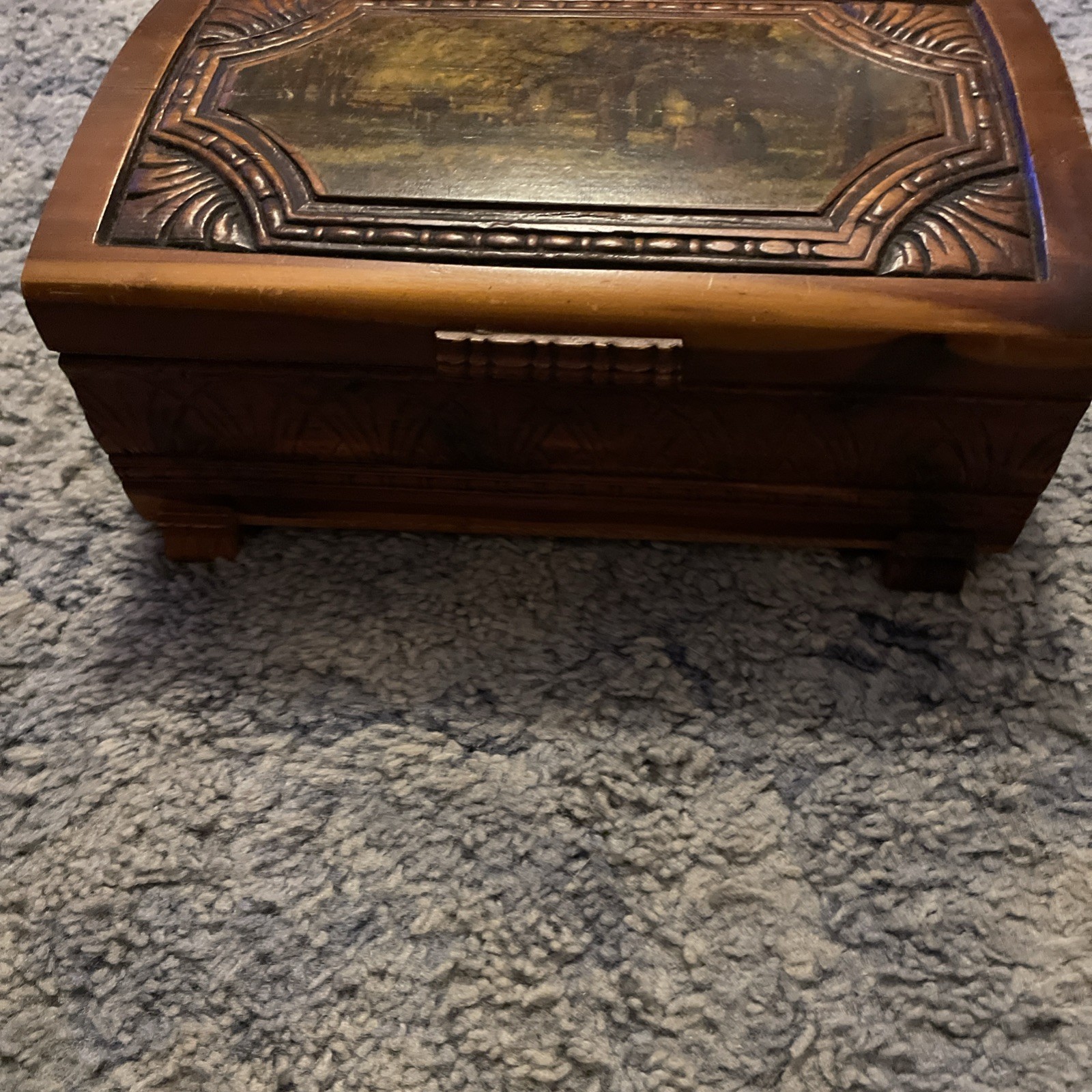 Antique Vtg Ornate Hand Carved Wood Jewelry Box Brass Hardware