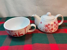 Living Quarters Tea for One - CUP AND TEAPOT  Red White Reindeer CHRISTMAS