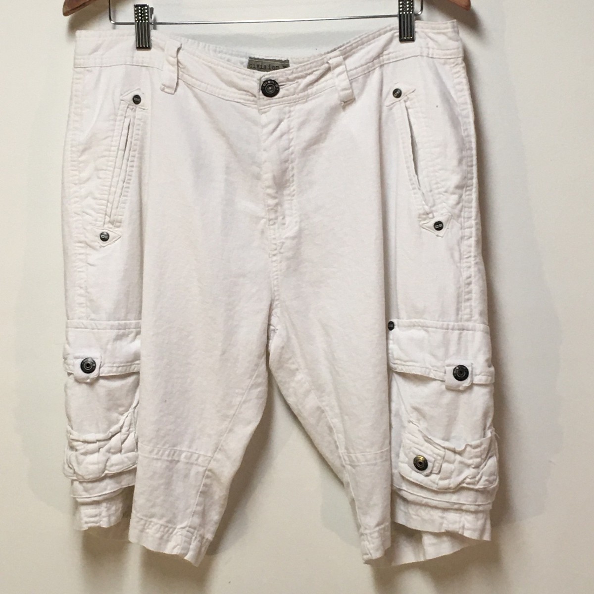 Division E Men 33 Shorts White 100% Linen Cargo Outdoor Coastal