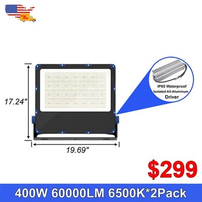 2 Pack 400W Led Flood Lights 60000Lms 150LM/W IP65 Waterproof For Stadium Roof
