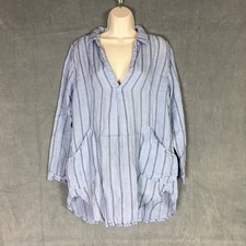 Free People x CP Shades Linen Tunic Top Pockets XS Blue Striped Made in USA