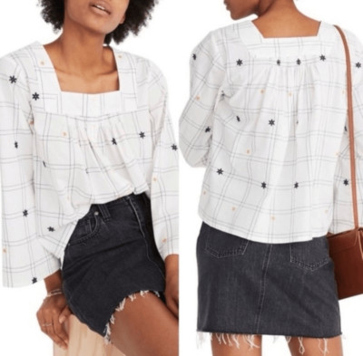 Madewell Loose Top Embroidered Windowpane Square-Neck Button-Down Small