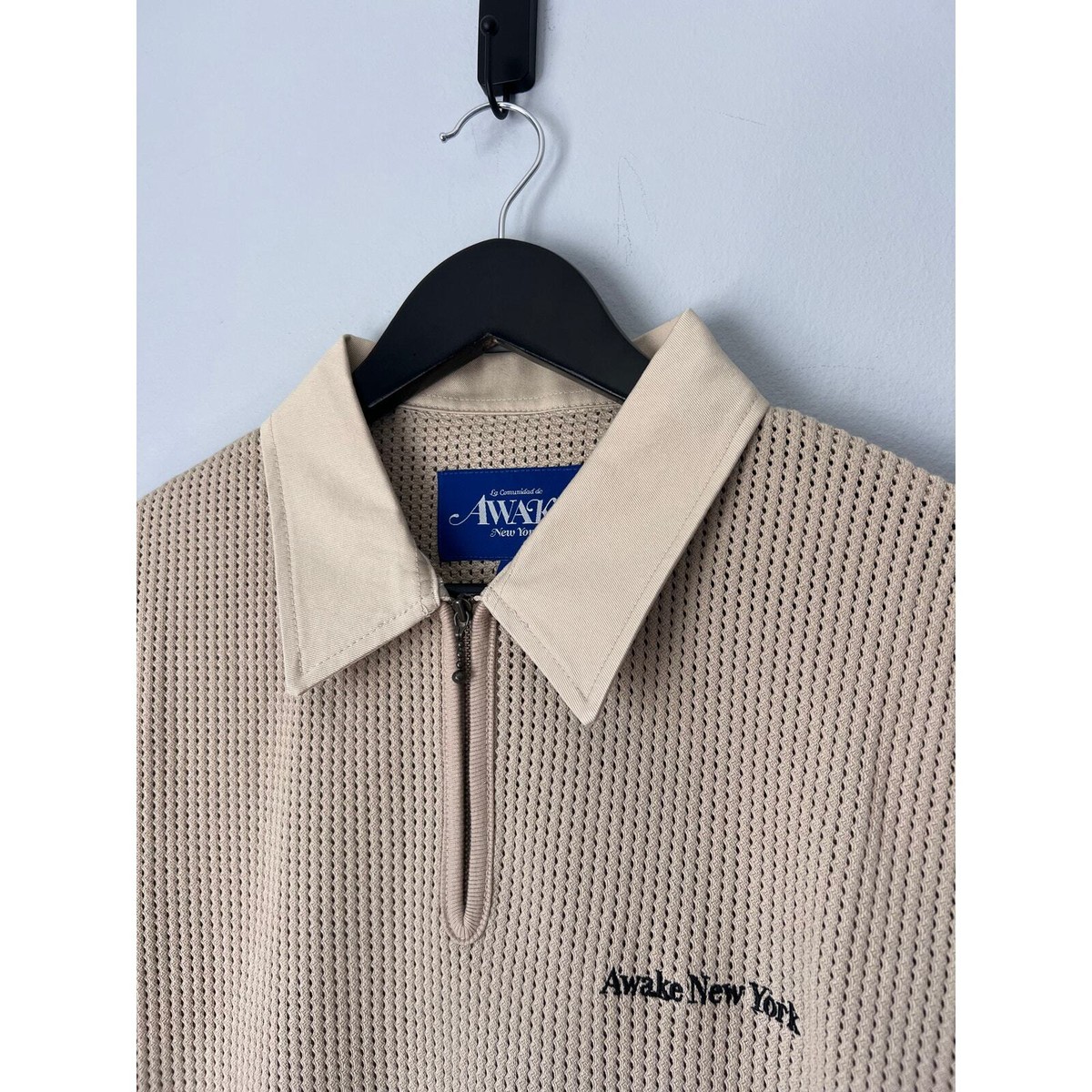Awake NY Open Knit Embroidered Polo - Size XL - Cream - NEW