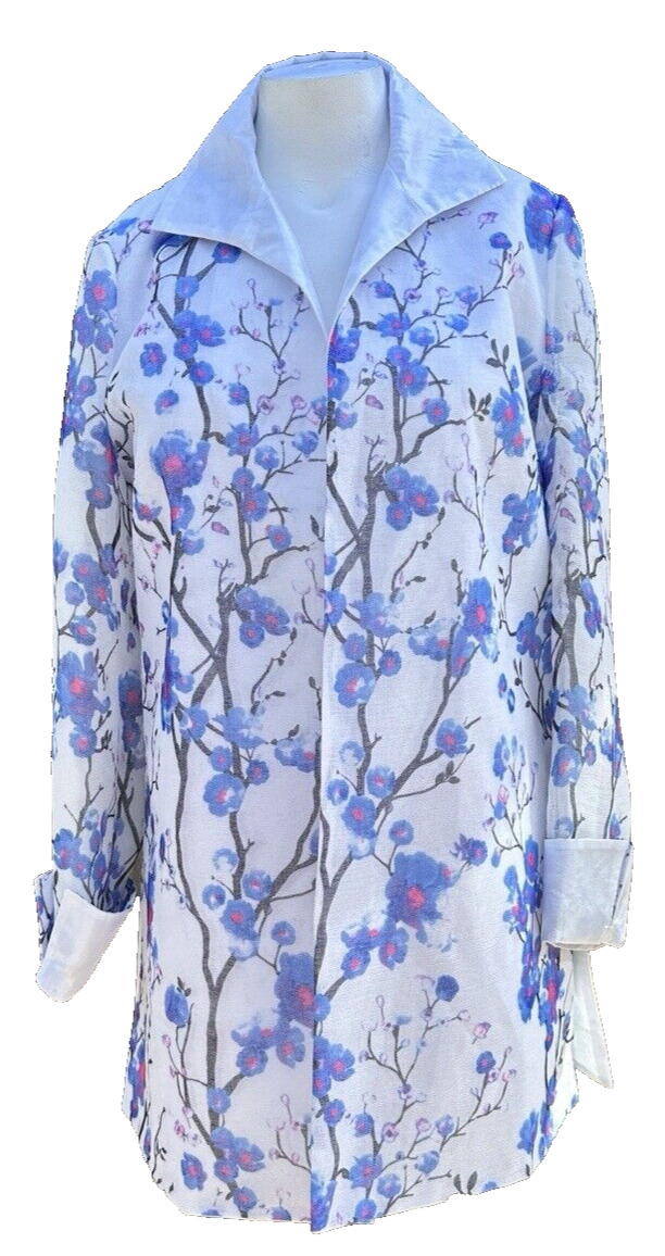 Grace Chuang Jacket Large Blue Pink Cherry Blossom Floral Open Front Cuffed
