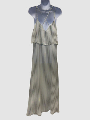 $129 Anne Taylor Women's White V-Neck Striped Chiffon Maxi Dress Size 12