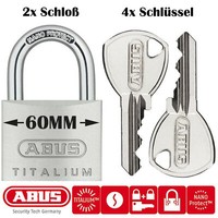 2X Abus Titalium Vorhangschloss 60MM GleichschließEnd BüGelschloss 64TI Schloss