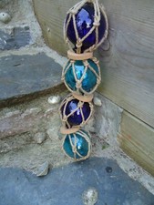 4 Fishing Boat Net Blown Glass Floats In Rope Blue & Turquoise Ball Nautical