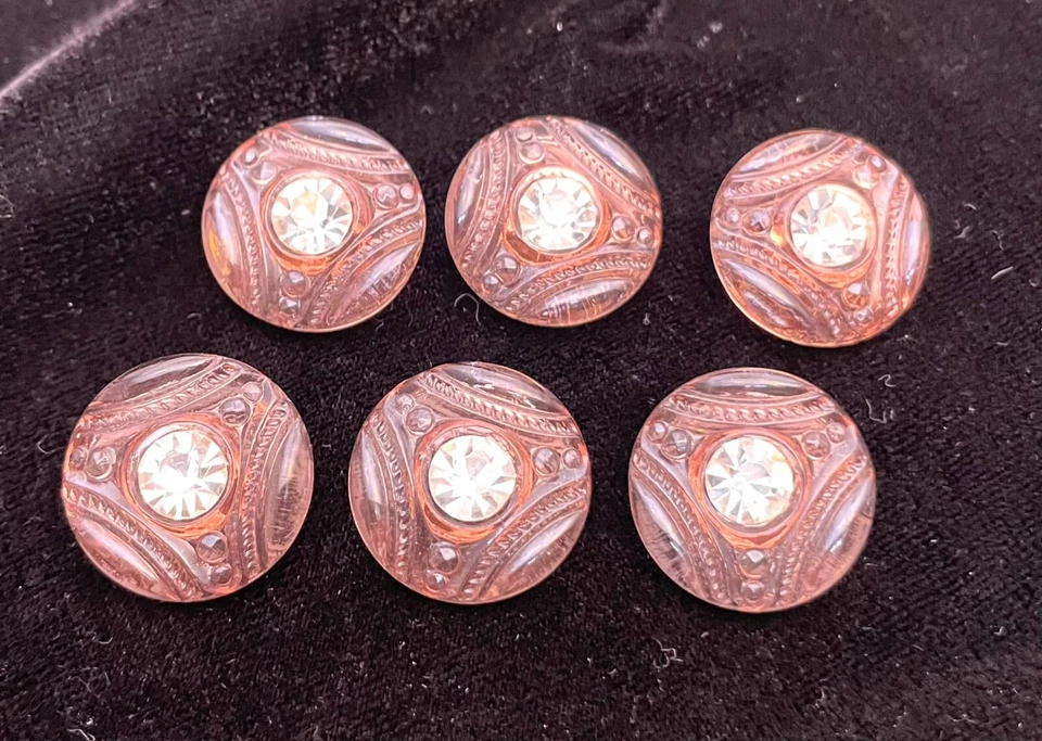 SET OF 6 (SIX) Light Pink CZECH GLASS BUTTONS WITH RHINESTONE 9/10" 22 mm - Image 2 of 4