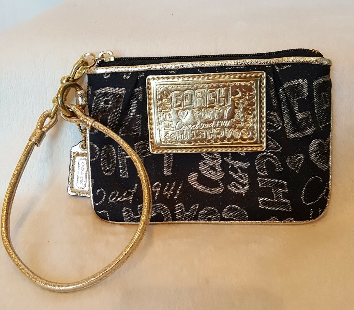 Coach Poppy Wristlet Small Wallet Pouch Black Gold Leather Trim