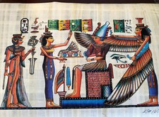 Ancient Egyptian Painting of Winged Maat Isis, Papyrus Paper, 9 13 In Horus Eye