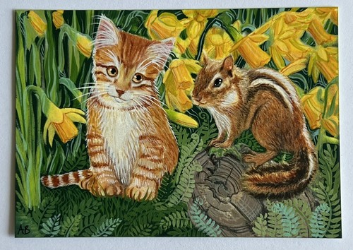 ACEO Original Painting Orange Tabby Cat w/ Squirrel Art Trading Card ATC 2018