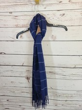 Neck Warmer Fringe Scarf Faux Cashmere Feel Navy Blue Windowpane Women's Sx 70"