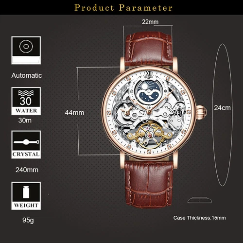 KINYUED Skelett Tourbillon Mondphase Mechanische Uhr Luxus Herren Diamant Uhr - Bild 5 von 22