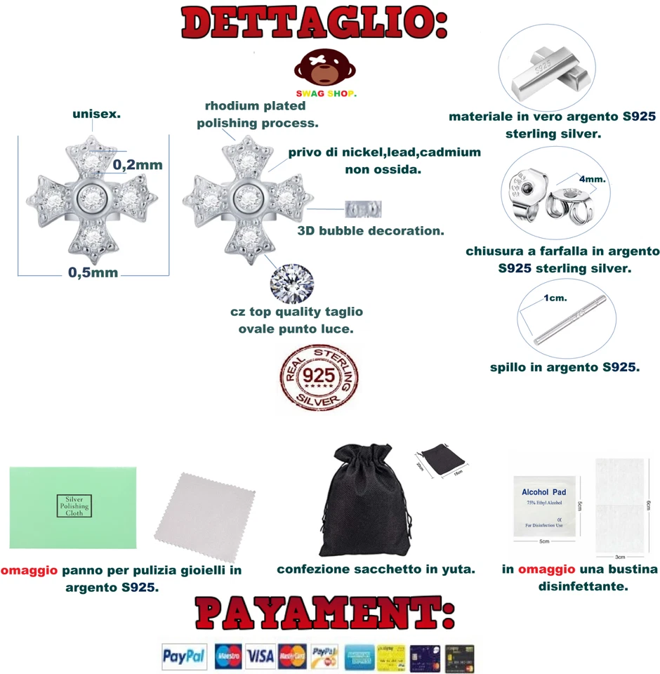 Orecchini Argento S925 Rodio Croce Unisex Punto Luce mini Silver Earrings Goth - Immagine 3 di 4