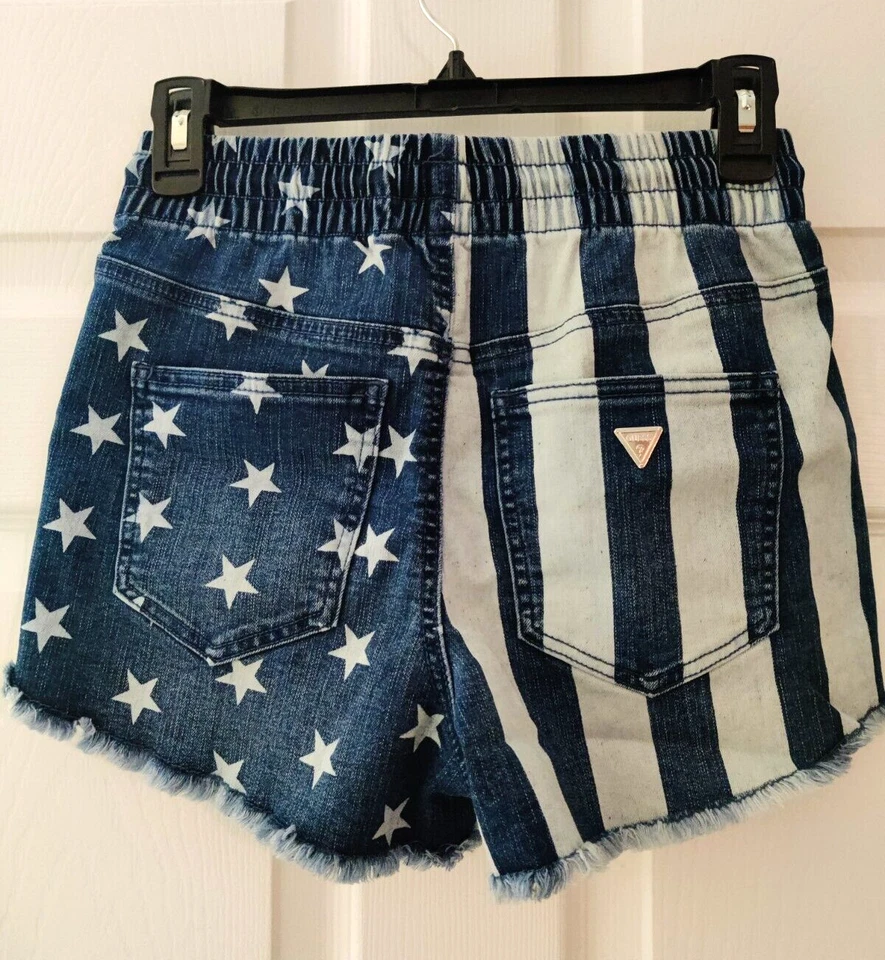 Pantalones Cortos de Denim Guess XS EE. UU. Bandera Azul Rayas Estrellas Para Mujer Patriótico Foto 3 de 3