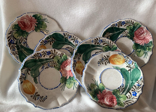 Set of 6 Vintage Nove Rose 6 in Saucers Hand Painted Italian Majolica *CRAZING - Picture 9 of 16