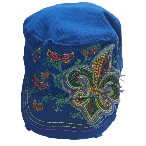 Sombrero Cadete Azul Mujer Mardi Gras Flor de Lis Estrás Mariposas Adornado Foto 2 de 4