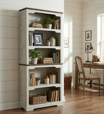 Farmhouse 5 Tier Tall Bookcase,Rustic White Open Bookshelf with Anti-Tip Cabinet
