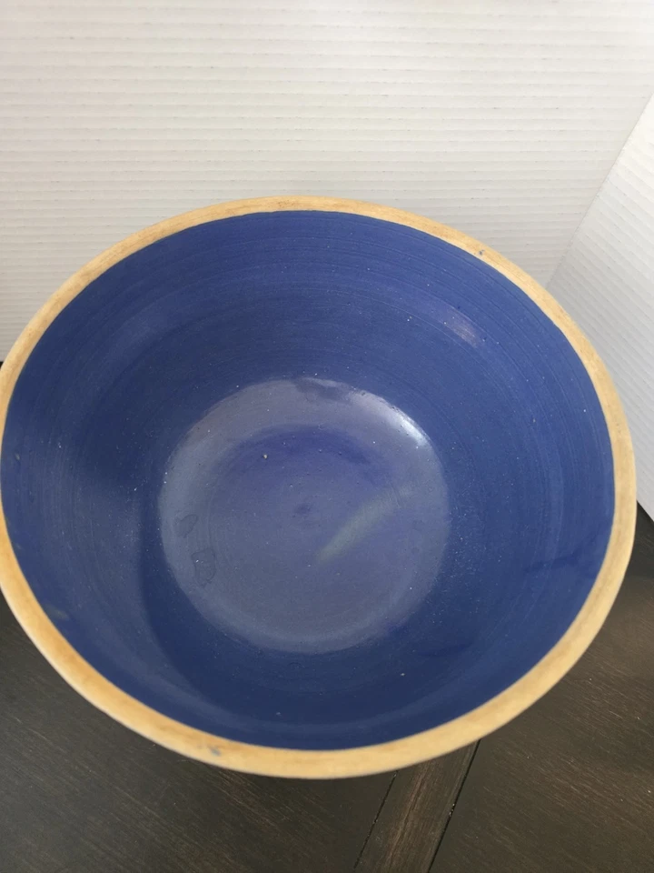 Vtg Antique 1910 A.D. Ruckles Pottery Blue Stoneware Picket Fence Mixing Bowl - Image 3 of 4