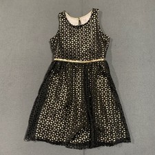 Girls Party Dress Black Gold Floral Perforated Lined Size L 10/12