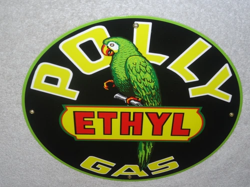 VINTAGE POLLY ETHYL GAS 🦜 PARROT BIRD OIL 11 3/4" PORCELAIN METAL GASOLINE SIGN