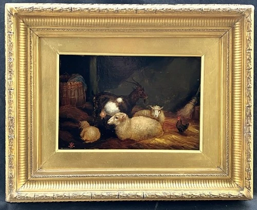 JOHN CHARLES MORRIS 1813-1889 SHEEP GOAT CHICKENS IN A BARN ANTIQUE OIL PAINTING