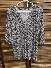 Lucky Brand Women s Boho Geometric Print Knit Henley Top Blue Tan Plus Size 1X