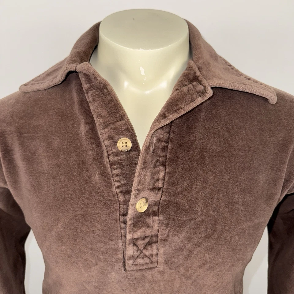 复古丝绒衬衫男式迪斯科嬉皮士伍德斯托克溜冰鞋 70 年代 80 年代柔软棕色中号 — 第 4/4 张图片