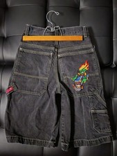 Flamehead JNCO Y2K Denim Cargo Shorts Gray Embroidered Graphic Youth Boys Size 8