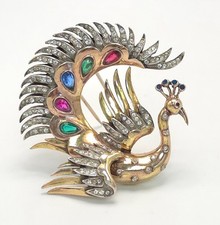 Crown Trifari Alfred Philippe 1940s Sterling Flying Peacock Rhinestone Fur Clip