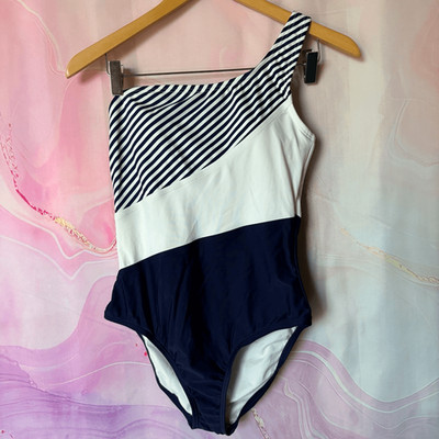 Kona Sol S Asymmetrical One Strap Navy Blue Diagonal Stripe Nautical Swimsuit