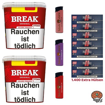 Break Original Volumentabak TITAN BOX 2x 300g, Pall Mall Red Xtra Hülsen, Feuerz