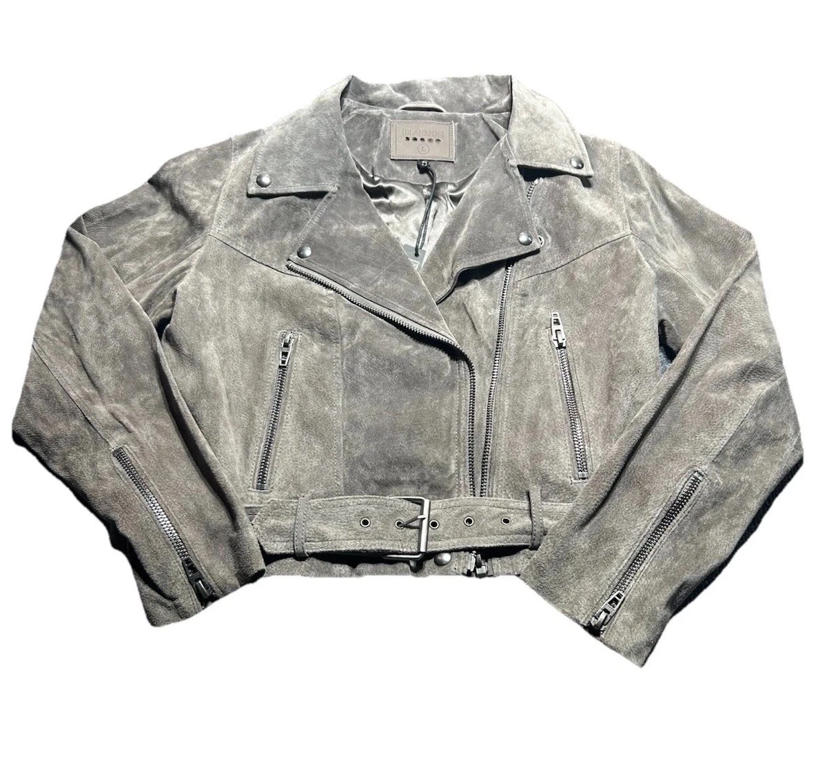 BLANKNYC Suede Moto Jacket Taupe Biker Womens L Retro 70s Moto City Chic Classic