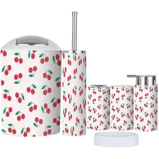 Bathroom Accessory Set 6 Piece red Cherry Pattern Cherry Pattern Toothbrush H...