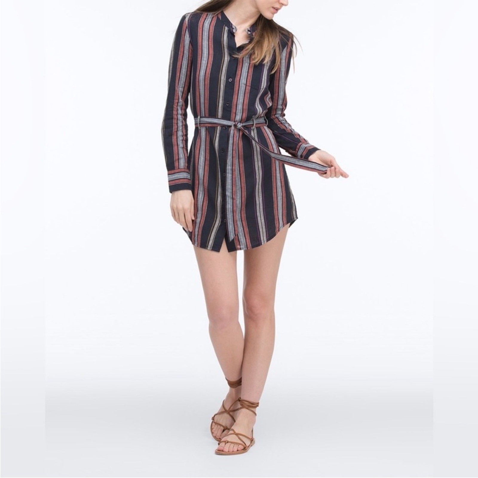 AG Adriano Goldschmied Jett linen cotton striped button mini shirtdress SMALL