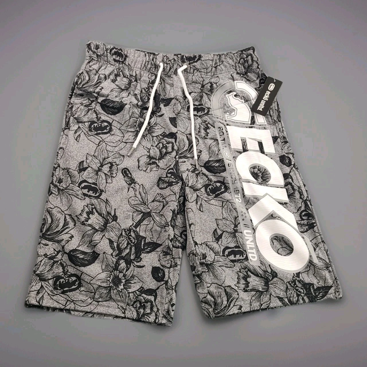 Ecko Unltd. Men's Activewear Shorts Gray Floral Reflective Logo Size Medium