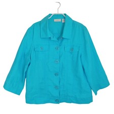 Chicos Turquoise Blue 100 Linen Button Front Jacket 3/4 Sleeve Size 2 Large