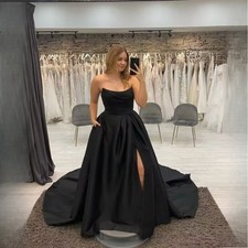 Black Gothic Satin Wedding Dresses with Side Split Strapless Train Bridal Gowns