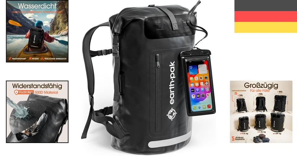 Ergonomischer Rolltop-Rucksack 35L/55L von Earth Pak -  mit Handyhülle - Bild 2 von 4