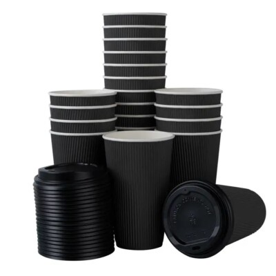 Premium Kraft Ripple Cups Black Triple Wall Paper Coffee Cups & Lids ...