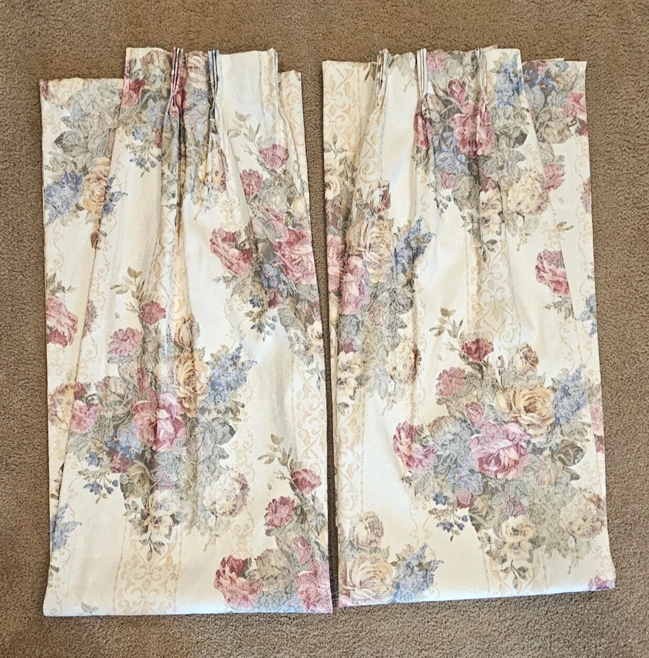 Cortinas vintage Sears victorianas Shabby Chic MCM plisadas florales beige 2 paneles Foto 2 de 4