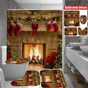 Christmas Fireplace Socks Shower Curtain Anti Slip Bathroom Toilet