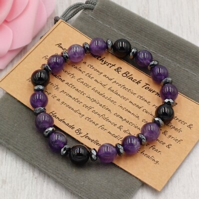 AMETHYST & TURMALIN Armband Kristall Edelstein Stretch + Samt Etui & Karte 8mm