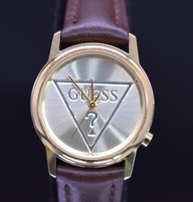 Vtg GUESS Watch Women 1990's Gold Tone Dial ? Leather NEW BATTERY & BAND