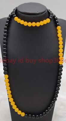 Natural 6/8/10mm Yellow Jade Black Agate Round Gemstone Beaded Necklace 28-36in