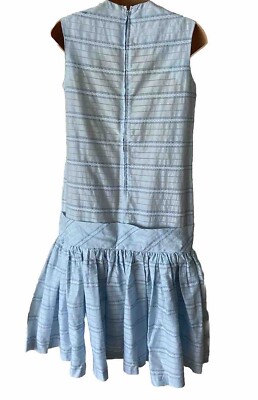 Vintage Mindy Ross Blue Stripe Dress Drop Waist Pleated Skirt Bow Custom  Made | eBay