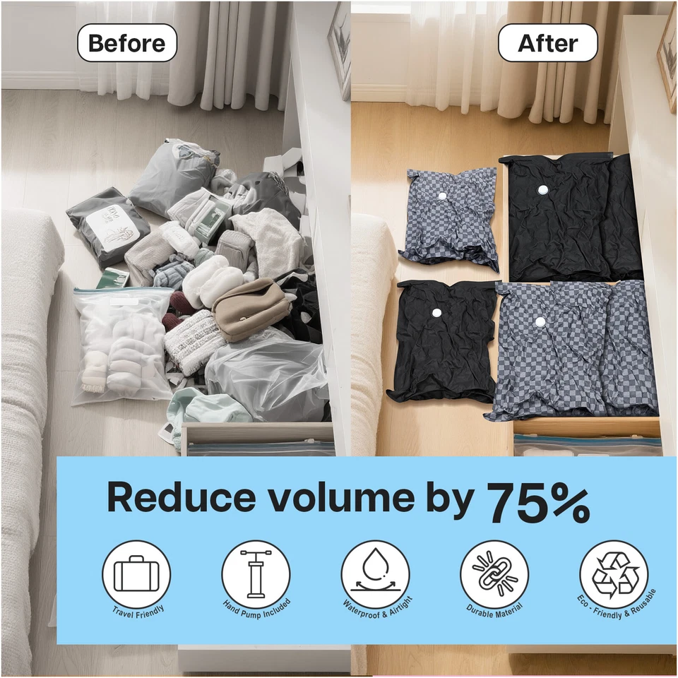 Robuste Vakuumbeutel für Kleidung & Reisen – 6er Pack – mit Handpumpe – Schwarz - Bild 3 von 4